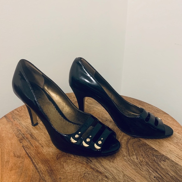 Black Peep Toe Heels Sz-8 - Picture 2 of 6